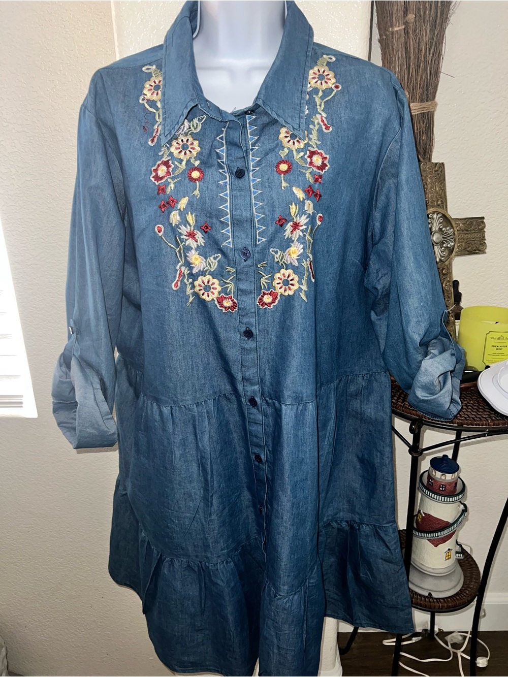 Plus size Embroidered Denim Tunic Dress - Blue with Red & Cream Floral